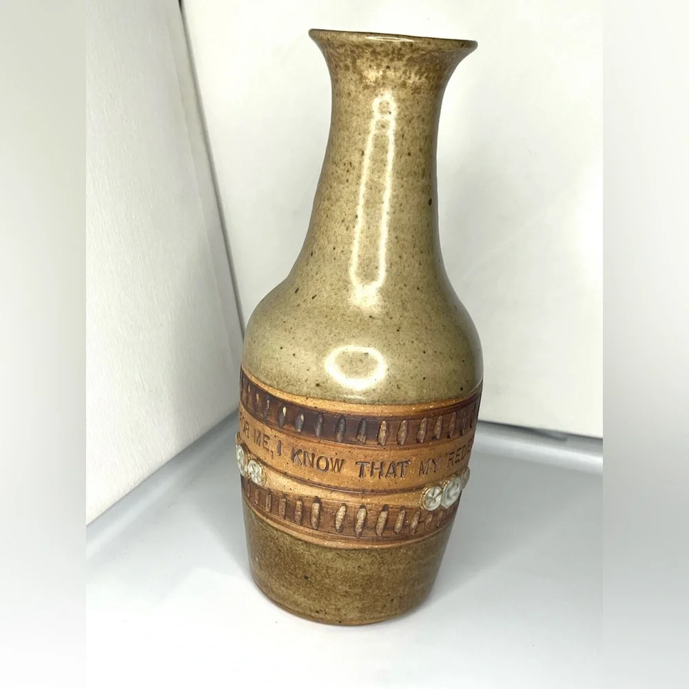 Ed Schrock 10” Pottery Vase w/ JOB 19:25 Bible Verse SIGNED Vintage